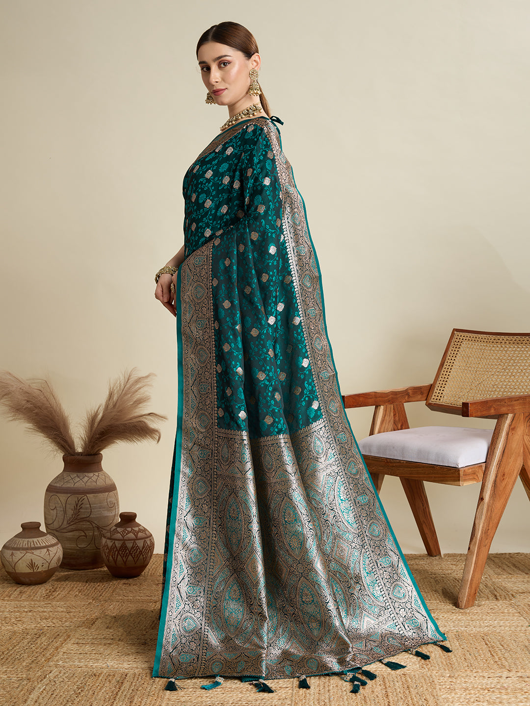 Soft Satin Silk Blue Saree with Rich Zari Motifs, Contrast Border & Elegant Blouse