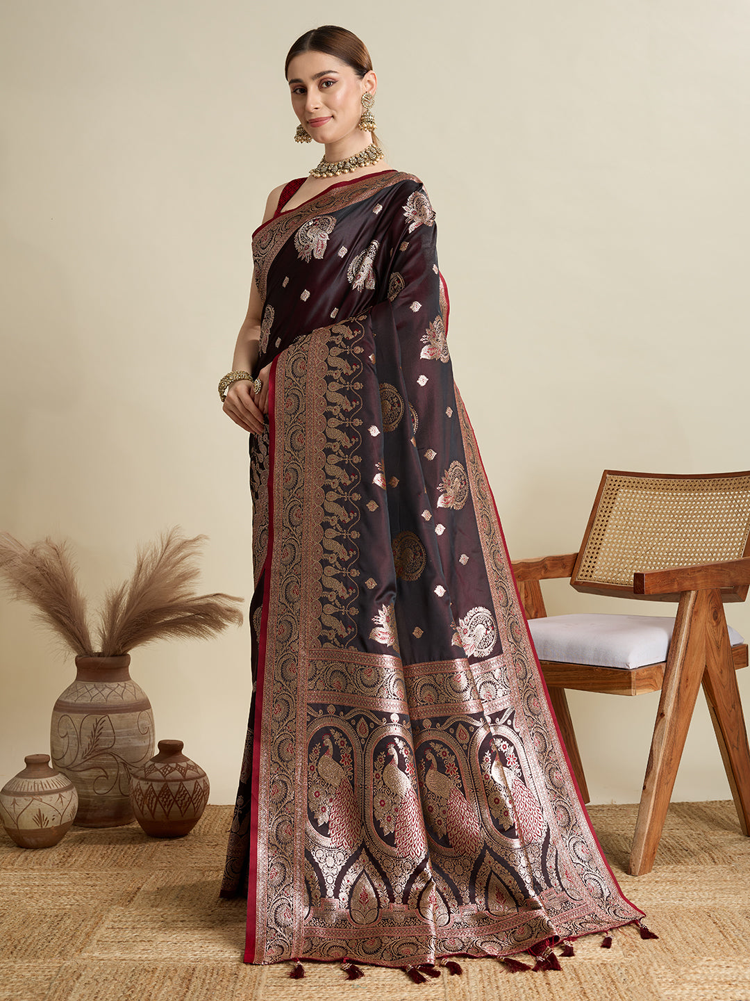 Soft Satin Silk Brown Saree with Rich Zari Motifs, Contrast Border & Elegant Blouse