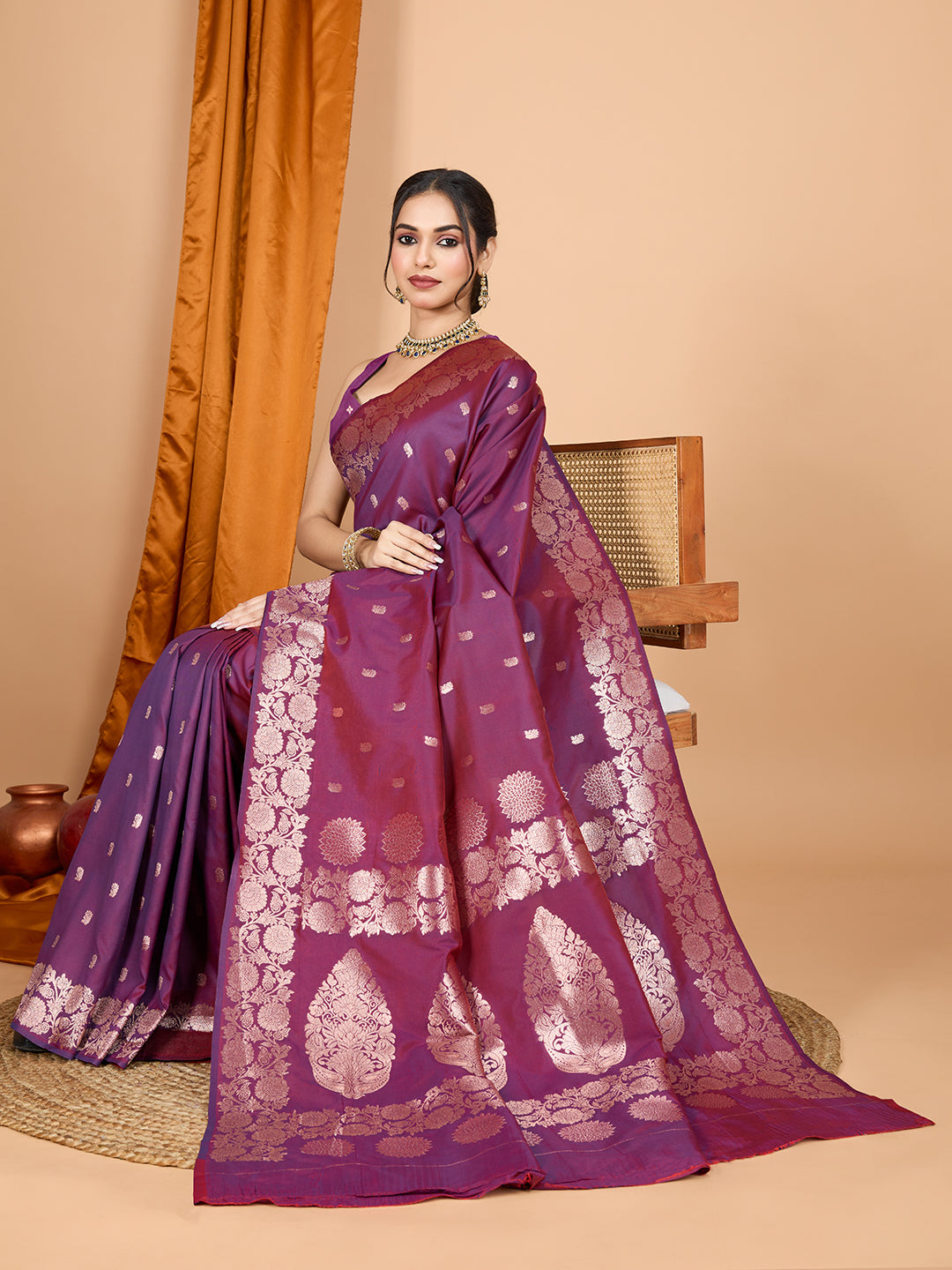 Wine Soft Banarasi Silk Saree Featuring Meenakari Zari Weaving & Tassels on Pallu