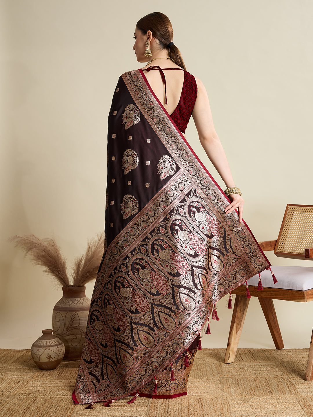 Soft Satin Silk Brown Saree with Rich Zari Motifs, Contrast Border & Elegant Blouse
