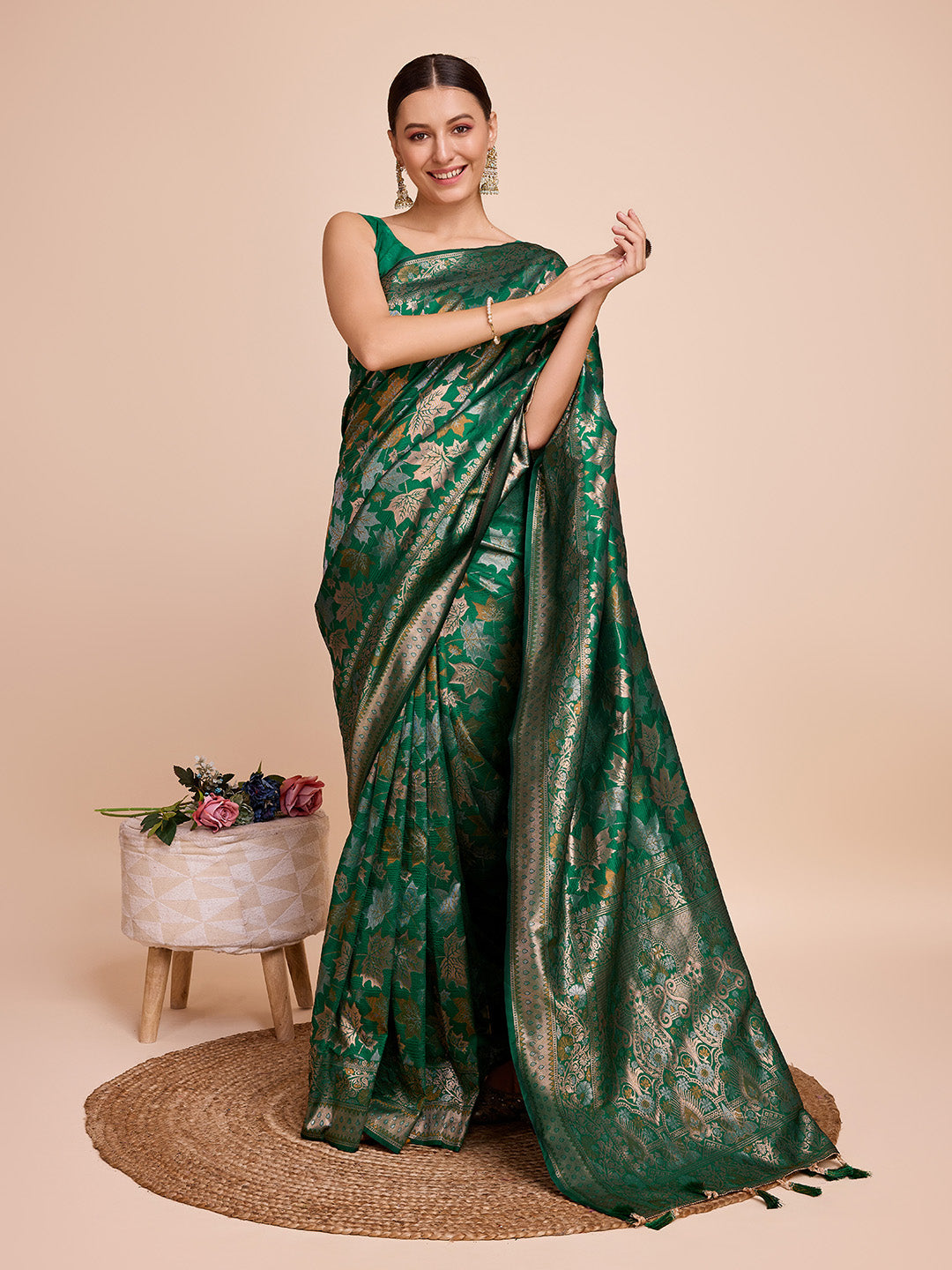 Sea Green Pure Silk Saree with Double Zari Weaving & Soft Zari Border