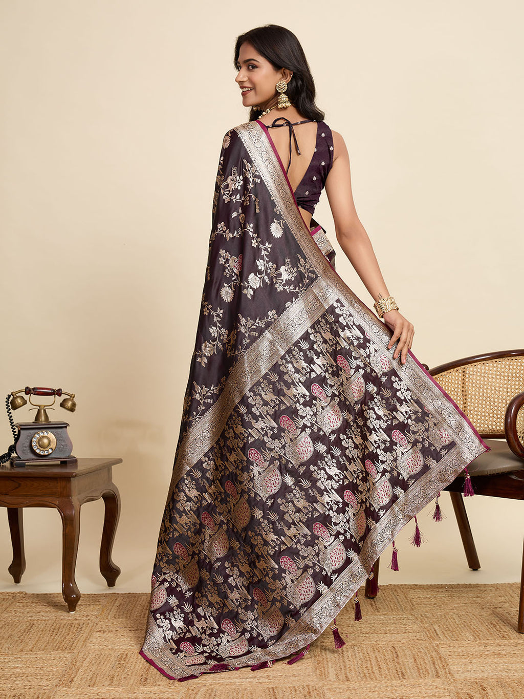 Premium Maroon  Two-Tone Satin Soft Silk Saree with All Over Zari Work & Contrast Woven Border