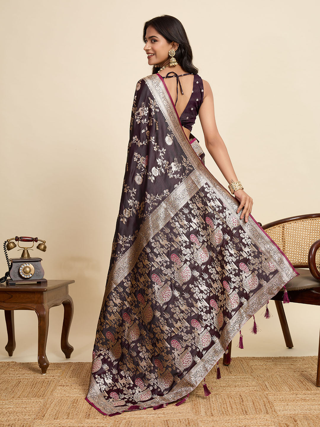 Premium Maroon  Two-Tone Satin Soft Silk Saree with All Over Zari Work & Contrast Woven Border
