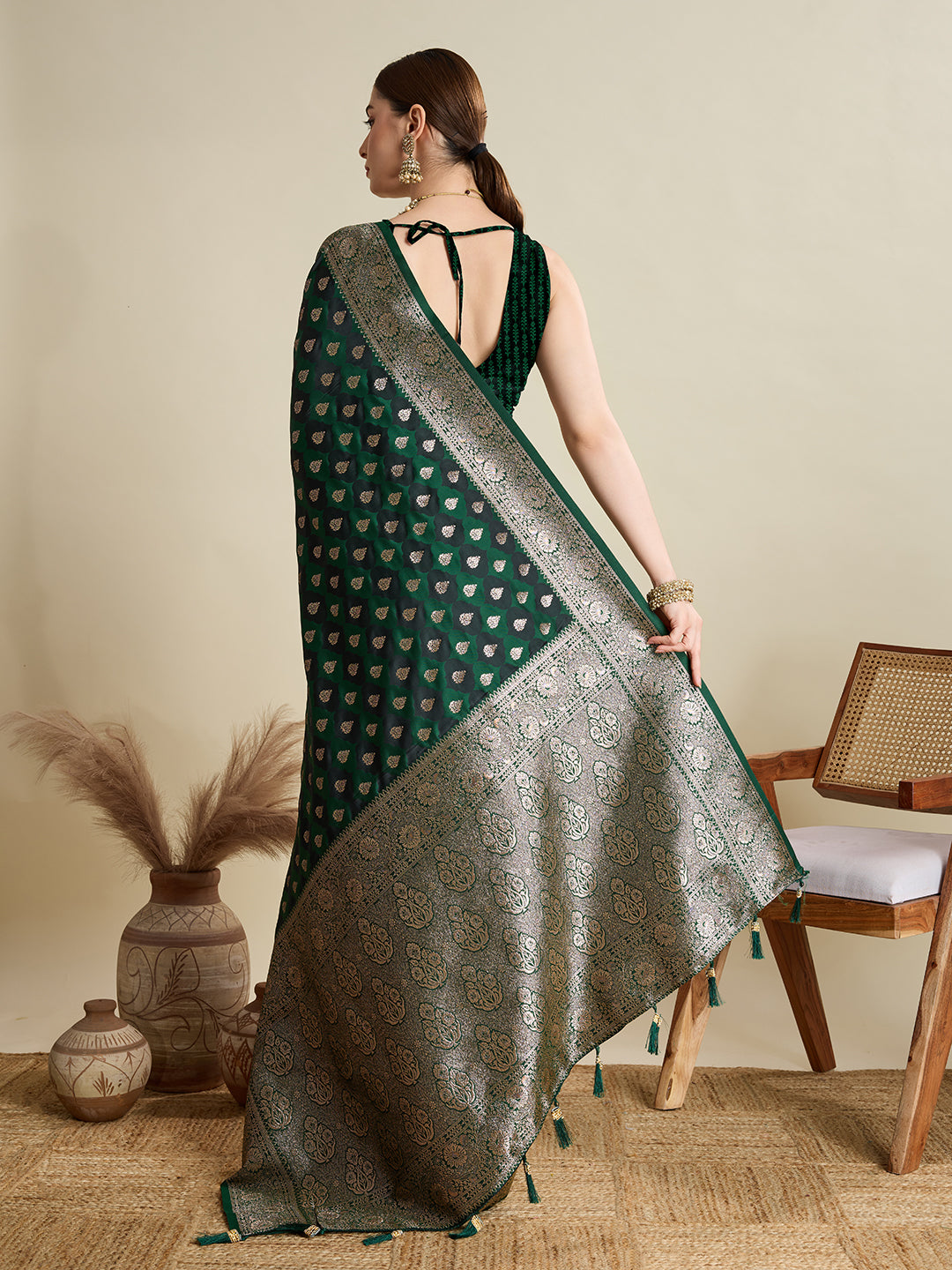 Soft Satin Silk Green Saree with Rich Zari Motifs, Contrast Border & Elegant Blouse