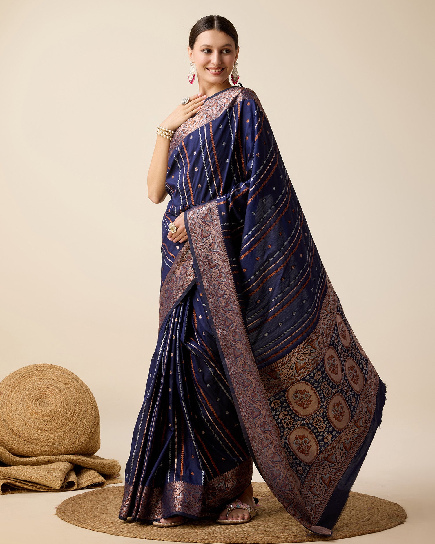 Navy Blue Pure Jacquard with Sona Chandi Zari – A Luxe Weave for Wedding & Festive Couture