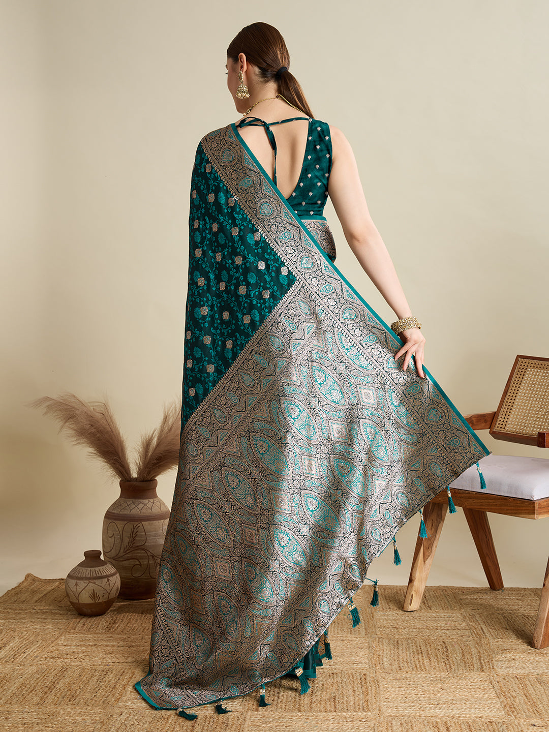 Soft Satin Silk Blue Saree with Rich Zari Motifs, Contrast Border & Elegant Blouse