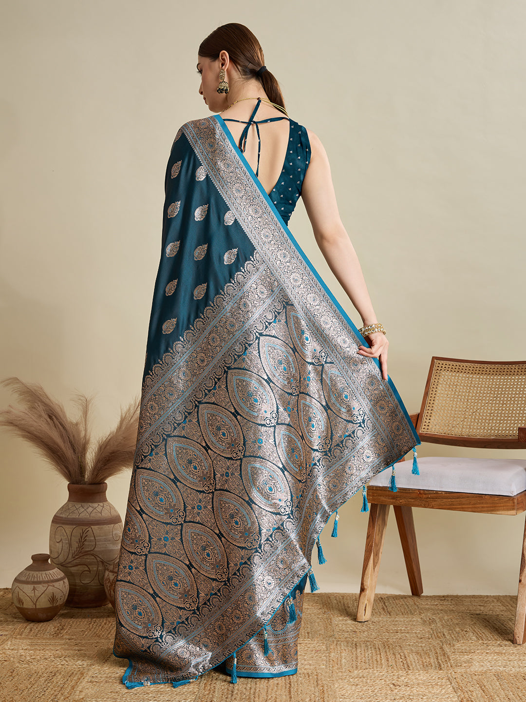Soft Satin Silk Blue Saree with Rich Zari Motifs, Contrast Border & Elegant Blouse