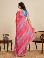 Women's Red Color Linen Saree with Jari Border and Blouse – Printed All Over Designer