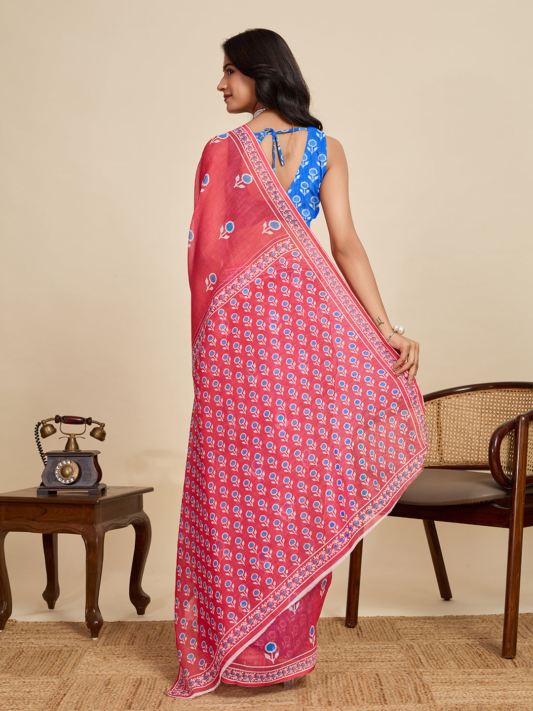 Women's Red Color Linen Saree with Jari Border and Blouse – Printed All Over Designer