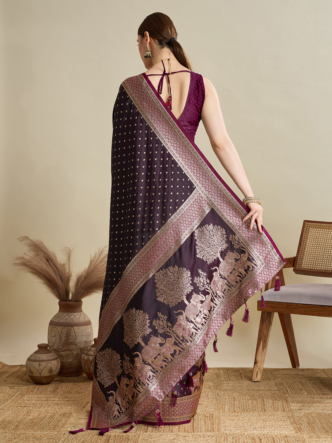 Soft Satin Silk Wine Saree with Rich Zari Motifs, Contrast Border & Elegant Blouse