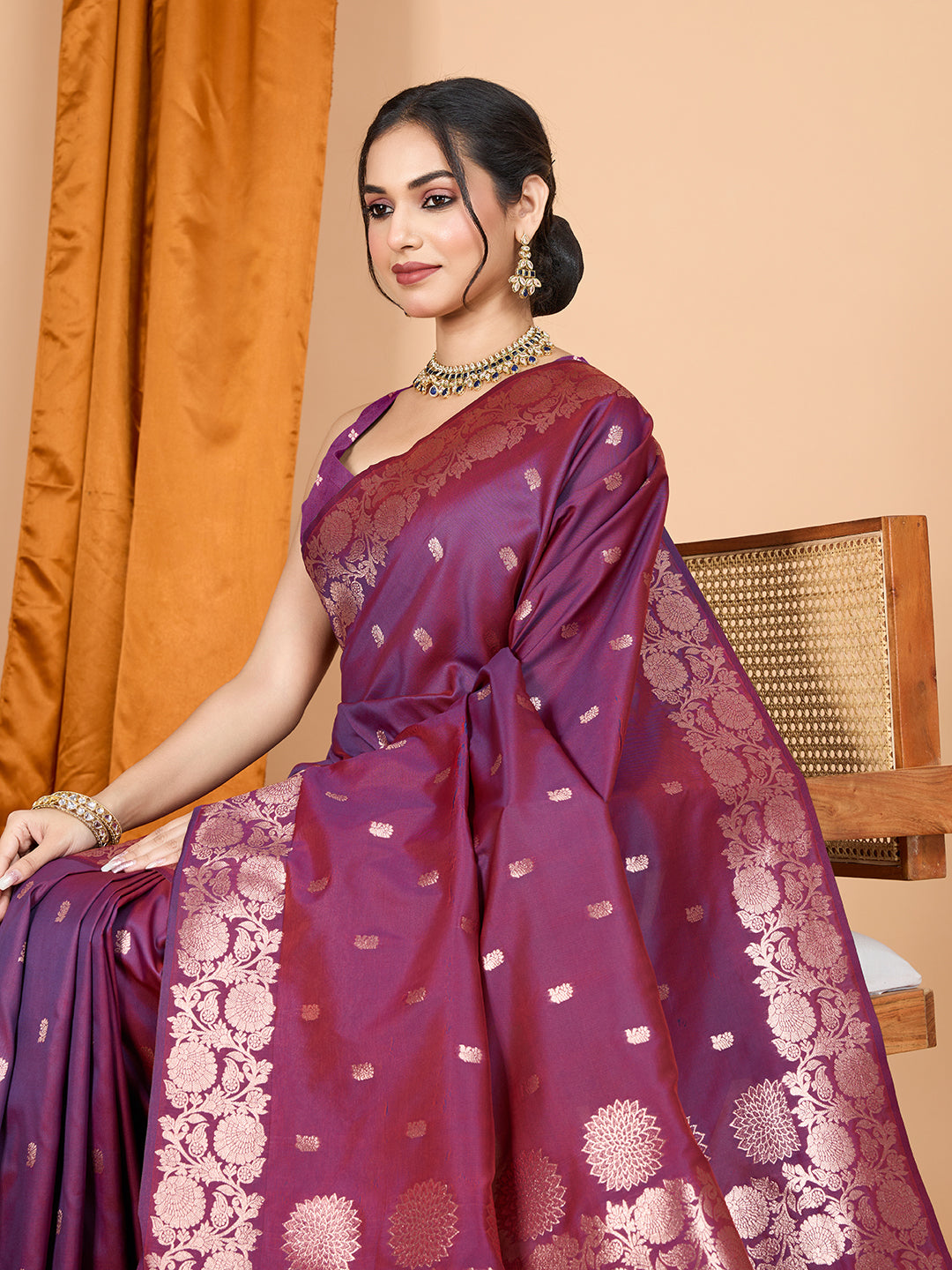Wine Soft Banarasi Silk Saree Featuring Meenakari Zari Weaving & Tassels on Pallu