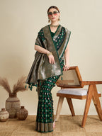 Soft Satin Silk Green Saree with Rich Zari Motifs, Contrast Border & Elegant Blouse