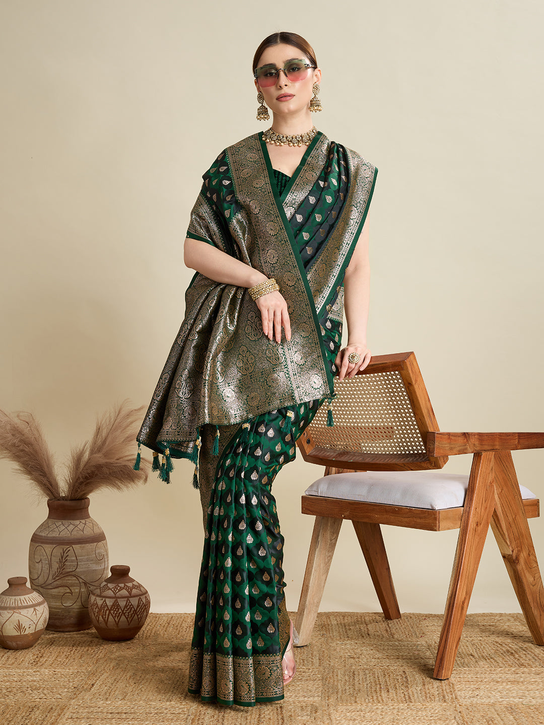 Soft Satin Silk Green Saree with Rich Zari Motifs, Contrast Border & Elegant Blouse