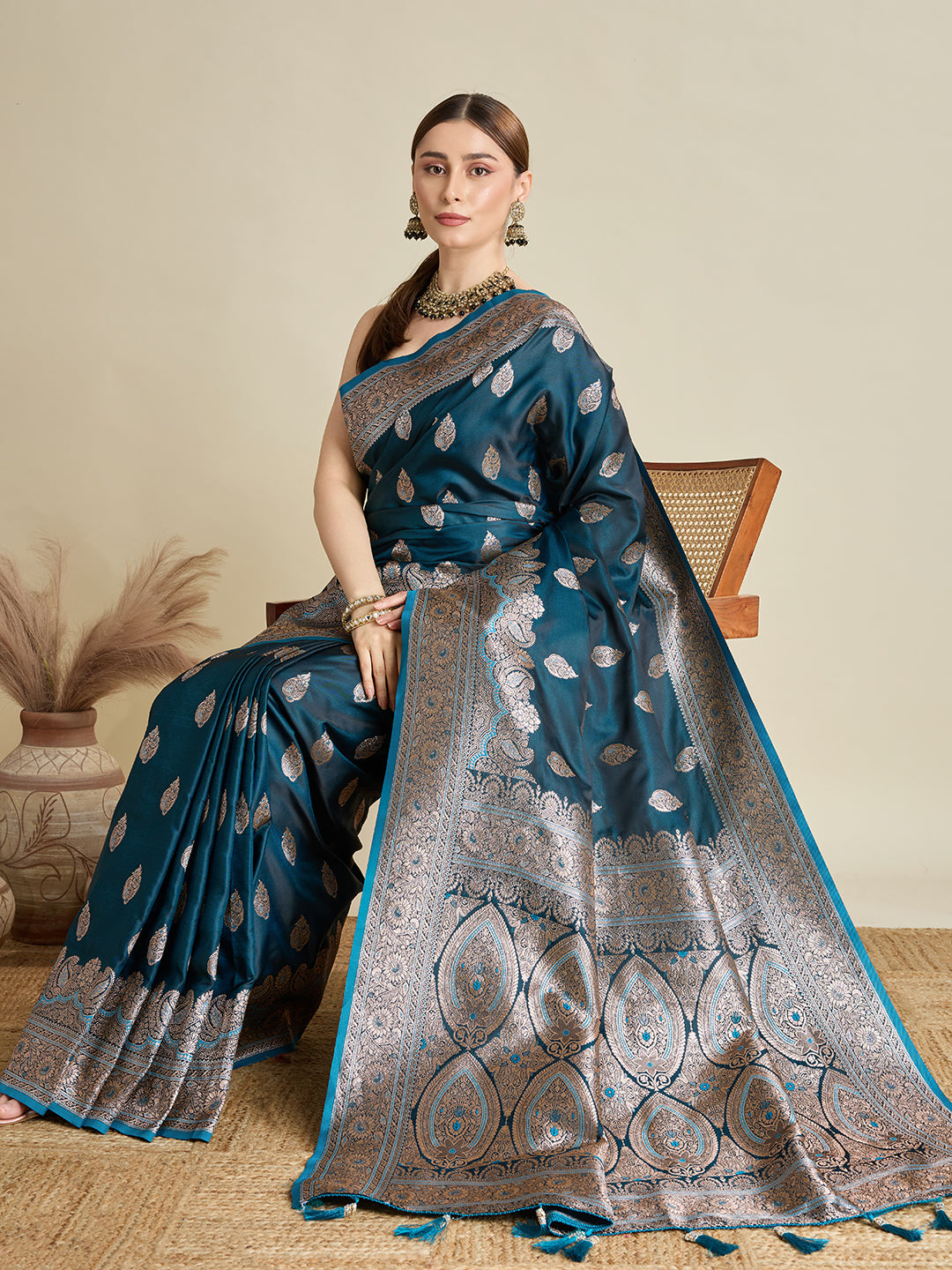 Soft Satin Silk Blue Saree with Rich Zari Motifs, Contrast Border & Elegant Blouse