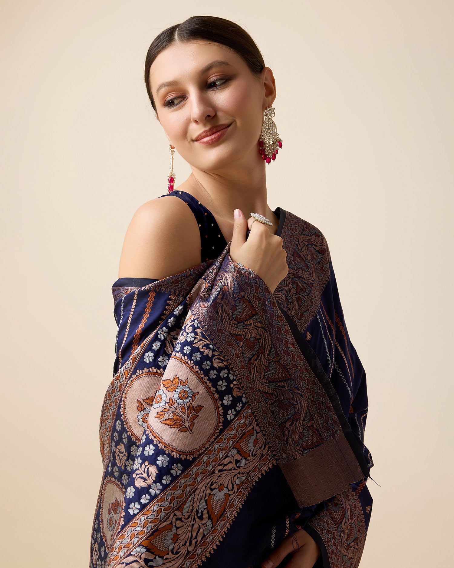 Navy Blue Pure Jacquard with Sona Chandi Zari – A Luxe Weave for Wedding & Festive Couture