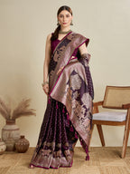 Soft Satin Silk Wine Saree with Rich Zari Motifs, Contrast Border & Elegant Blouse