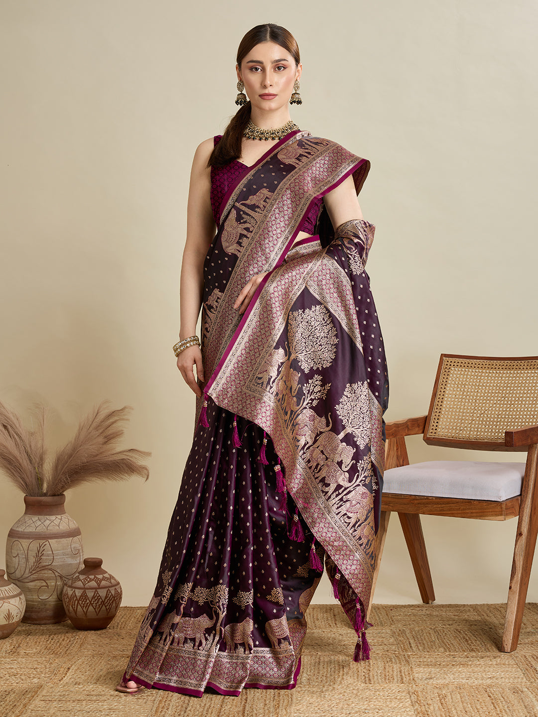 Soft Satin Silk Wine Saree with Rich Zari Motifs, Contrast Border & Elegant Blouse