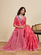 Women's Red Color Linen Saree with Jari Border and Blouse – Printed All Over Designer