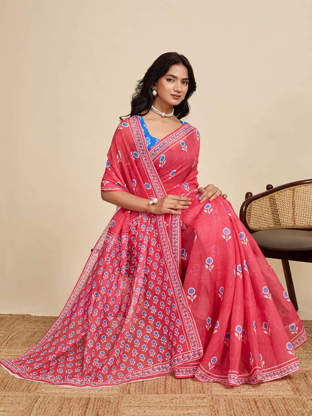 Women's Red Color Linen Saree with Jari Border and Blouse – Printed All Over Designer