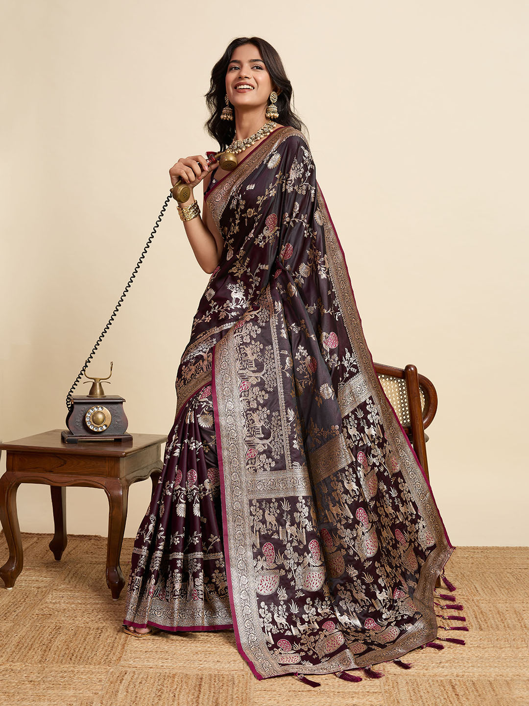 Premium Maroon  Two-Tone Satin Soft Silk Saree with All Over Zari Work & Contrast Woven Border