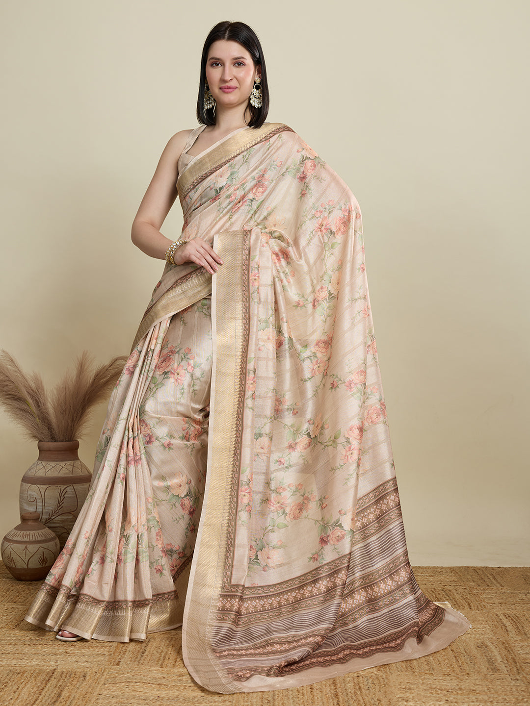 Soft, Breathable & Celebration-Ready: Semi Cotton Beige Sarees with Butti & Jacquard Elegance
