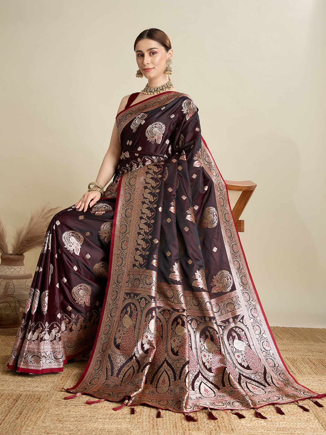 Soft Satin Silk Brown Saree with Rich Zari Motifs, Contrast Border & Elegant Blouse