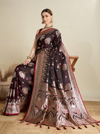Soft Satin Silk Brown Saree with Rich Zari Motifs, Contrast Border & Elegant Blouse