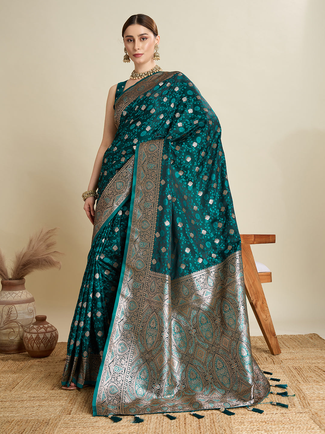Soft Satin Silk Blue Saree with Rich Zari Motifs, Contrast Border & Elegant Blouse