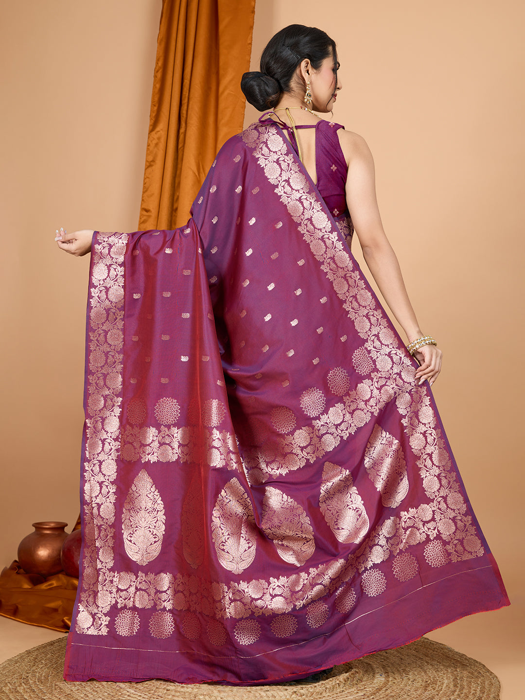 Wine Soft Banarasi Silk Saree Featuring Meenakari Zari Weaving & Tassels on Pallu