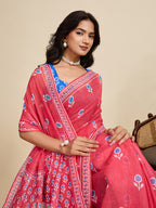 Women's Red Color Linen Saree with Jari Border and Blouse – Printed All Over Designer