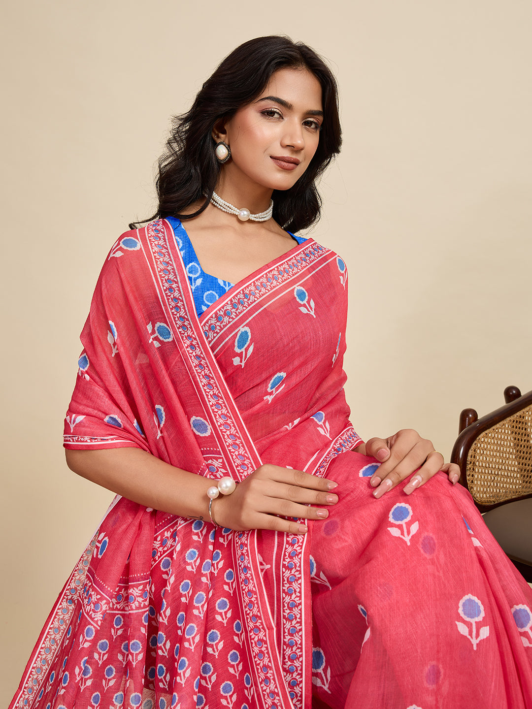 Women's Red Color Linen Saree with Jari Border and Blouse – Printed All Over Designer