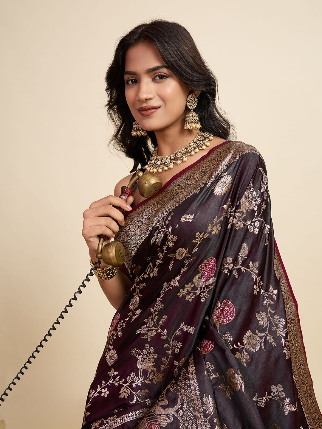 Premium Maroon  Two-Tone Satin Soft Silk Saree with All Over Zari Work & Contrast Woven Border