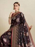 Soft Satin Silk Brown Saree with Rich Zari Motifs, Contrast Border & Elegant Blouse