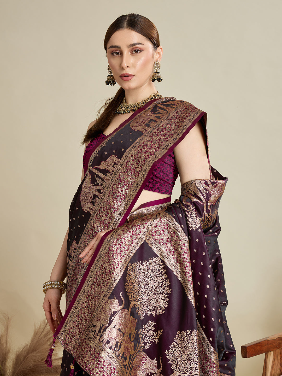 Soft Satin Silk Wine Saree with Rich Zari Motifs, Contrast Border & Elegant Blouse