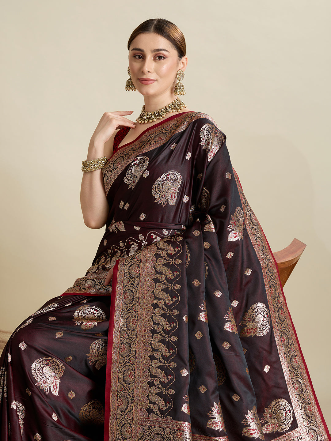 Soft Satin Silk Brown Saree with Rich Zari Motifs, Contrast Border & Elegant Blouse