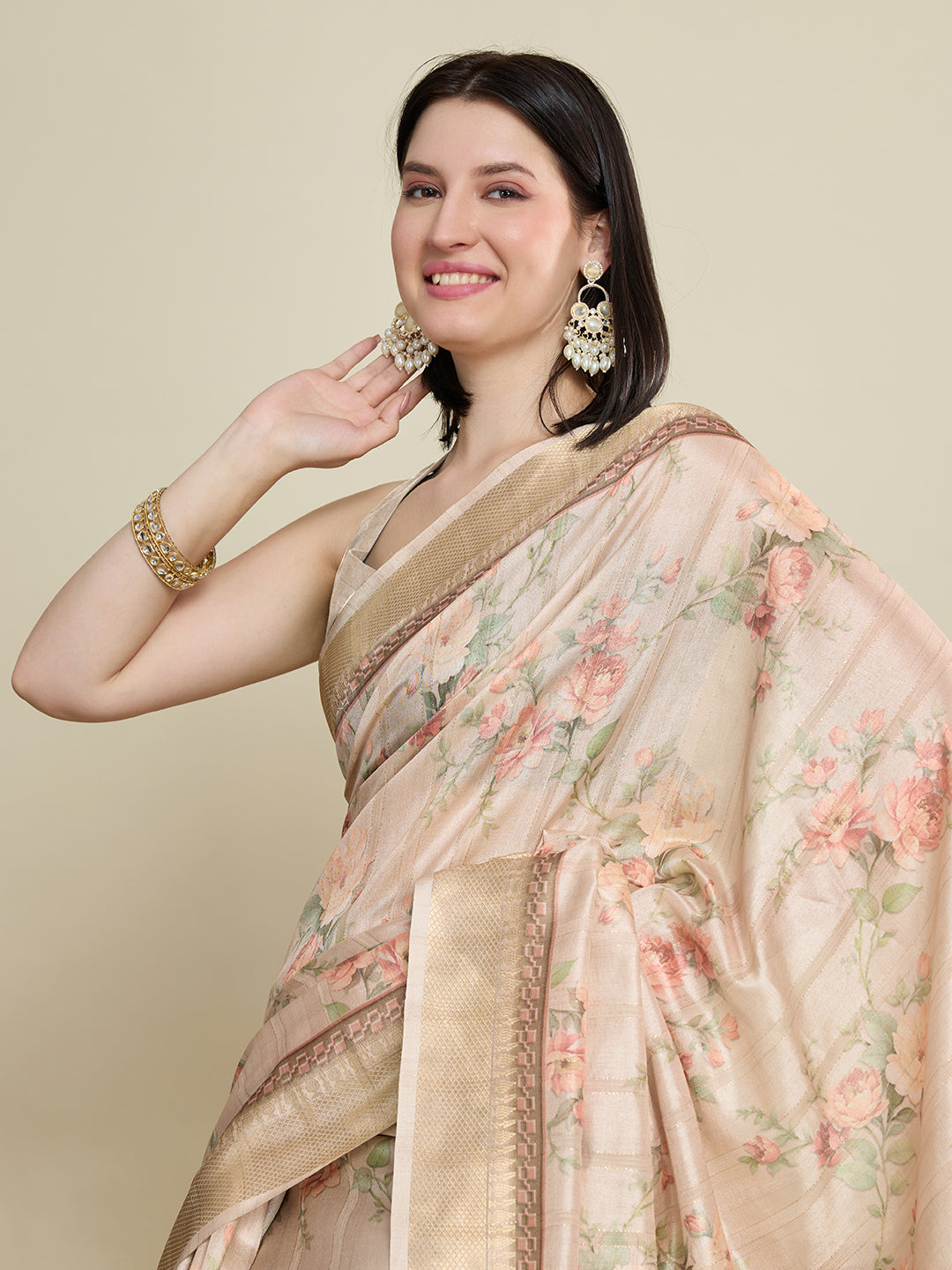 Soft, Breathable & Celebration-Ready: Semi Cotton Beige Sarees with Butti & Jacquard Elegance