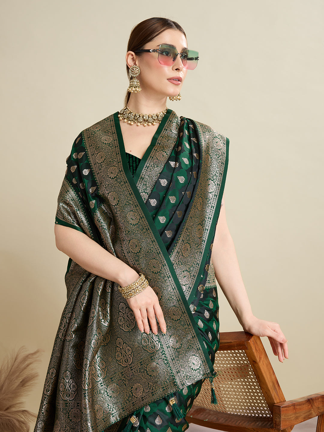 Soft Satin Silk Green Saree with Rich Zari Motifs, Contrast Border & Elegant Blouse