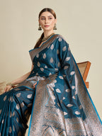 Soft Satin Silk Blue Saree with Rich Zari Motifs, Contrast Border & Elegant Blouse