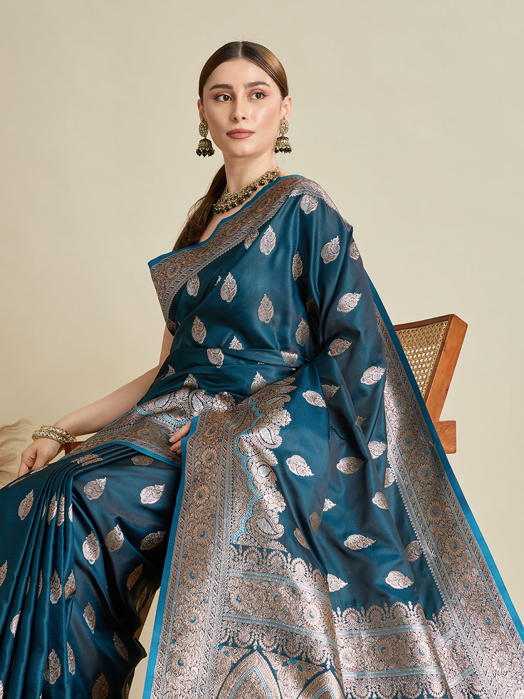 Soft Satin Silk Blue Saree with Rich Zari Motifs, Contrast Border & Elegant Blouse