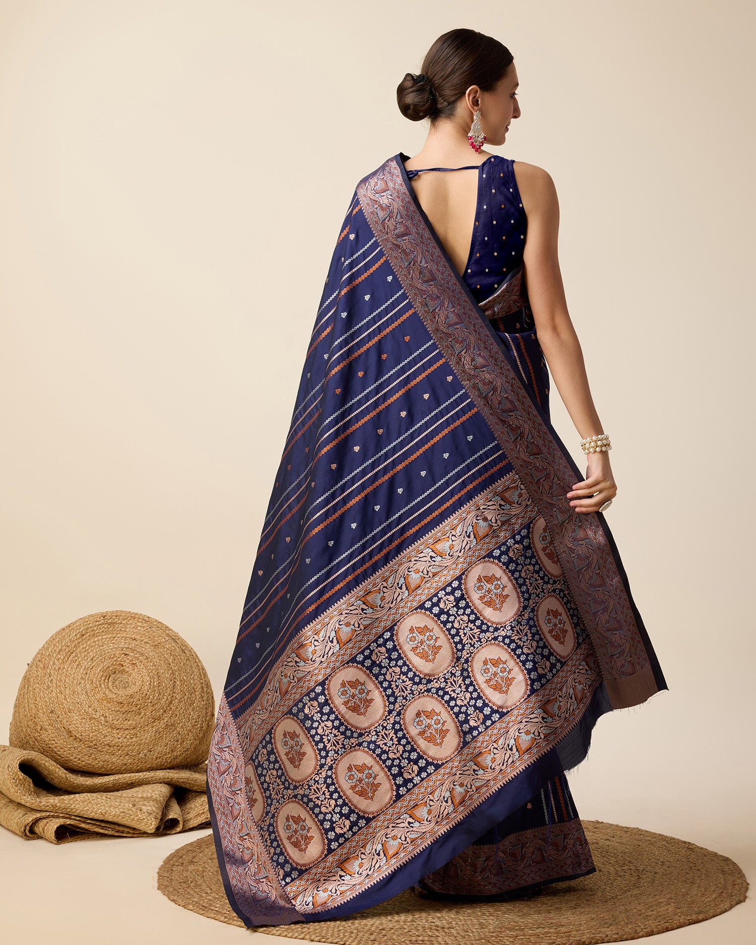 Navy Blue Pure Jacquard with Sona Chandi Zari – A Luxe Weave for Wedding & Festive Couture