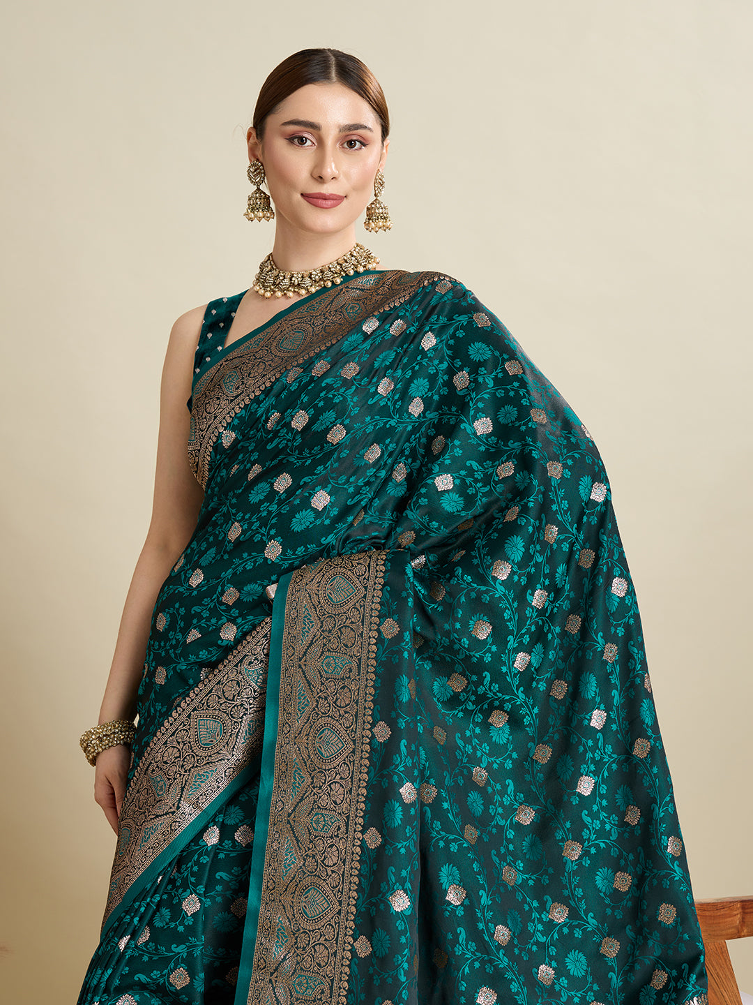Soft Satin Silk Blue Saree with Rich Zari Motifs, Contrast Border & Elegant Blouse