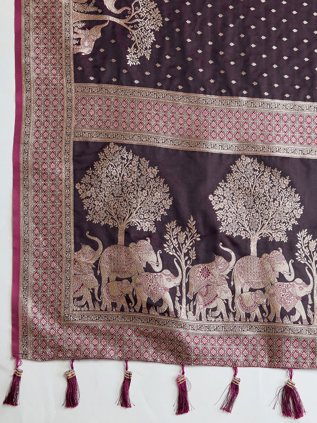 Soft Satin Silk Wine Saree with Rich Zari Motifs, Contrast Border & Elegant Blouse