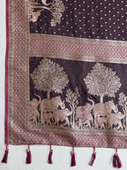 Soft Satin Silk Wine Saree with Rich Zari Motifs, Contrast Border & Elegant Blouse