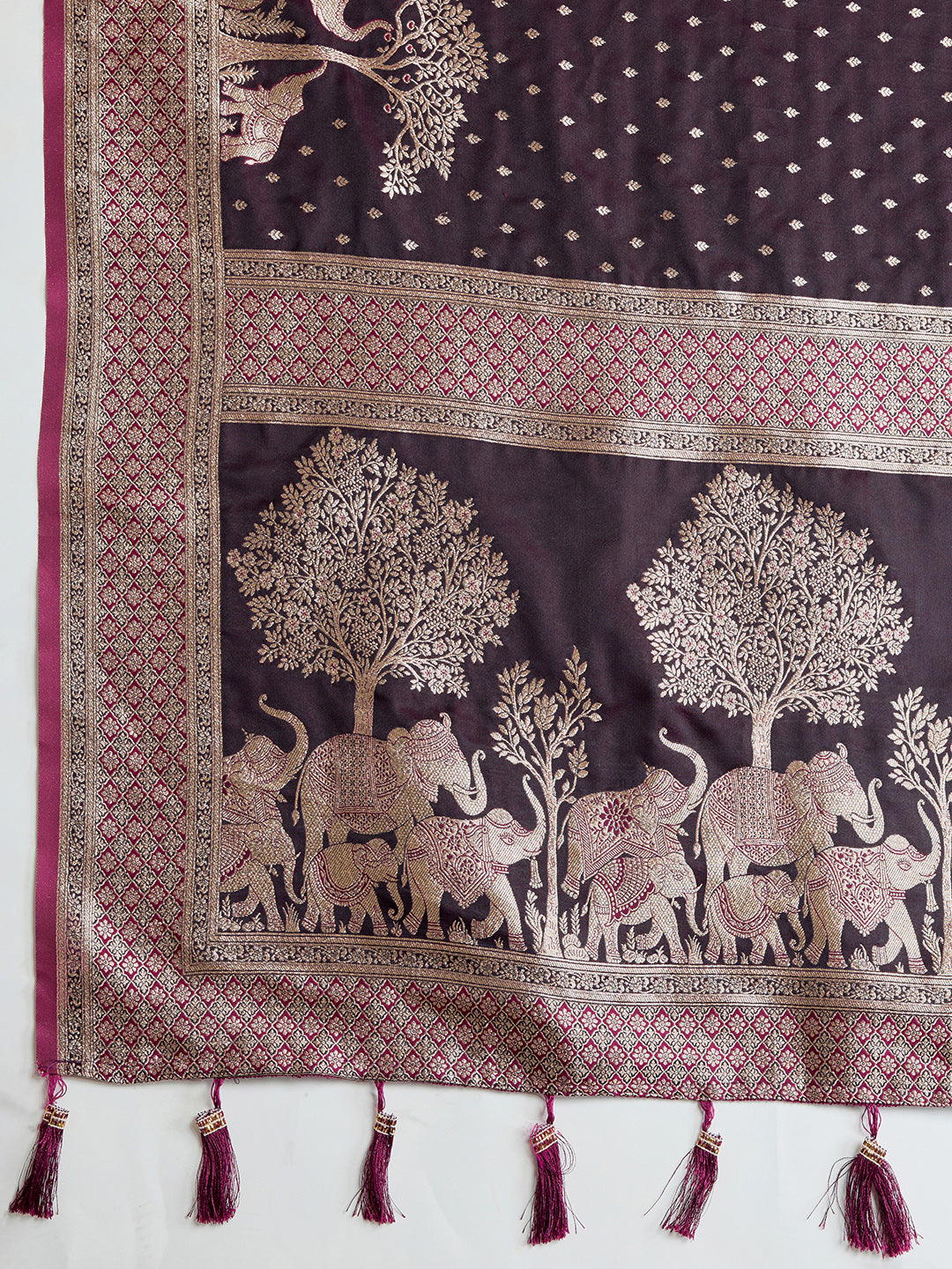 Soft Satin Silk Wine Saree with Rich Zari Motifs, Contrast Border & Elegant Blouse