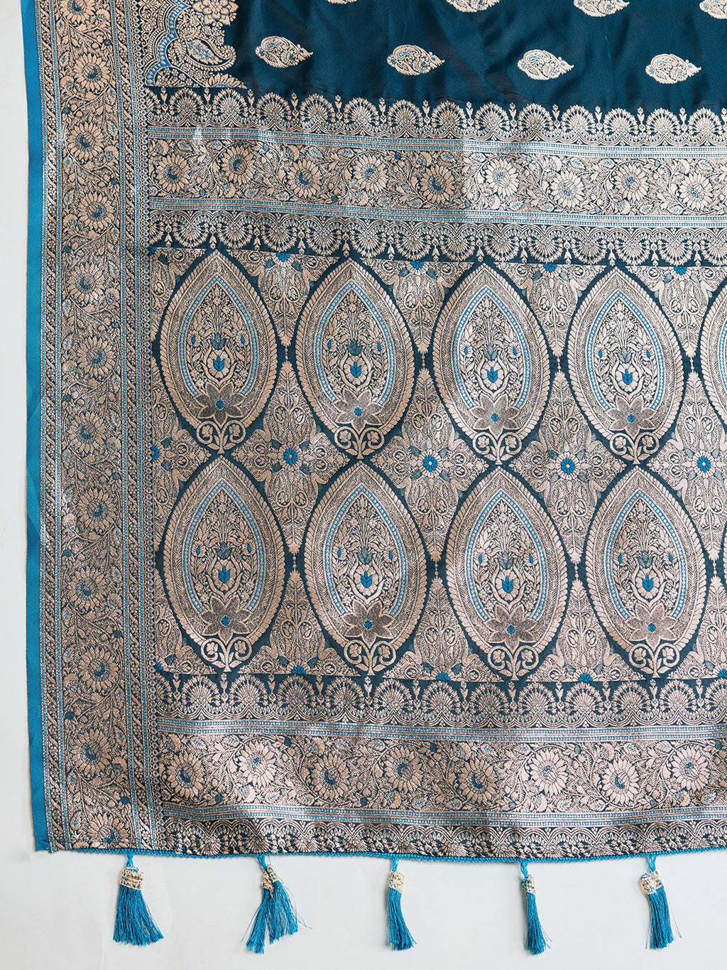 Soft Satin Silk Blue Saree with Rich Zari Motifs, Contrast Border & Elegant Blouse