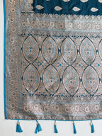 Soft Satin Silk Blue Saree with Rich Zari Motifs, Contrast Border & Elegant Blouse