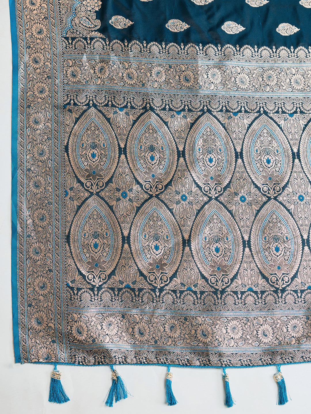 Soft Satin Silk Blue Saree with Rich Zari Motifs, Contrast Border & Elegant Blouse