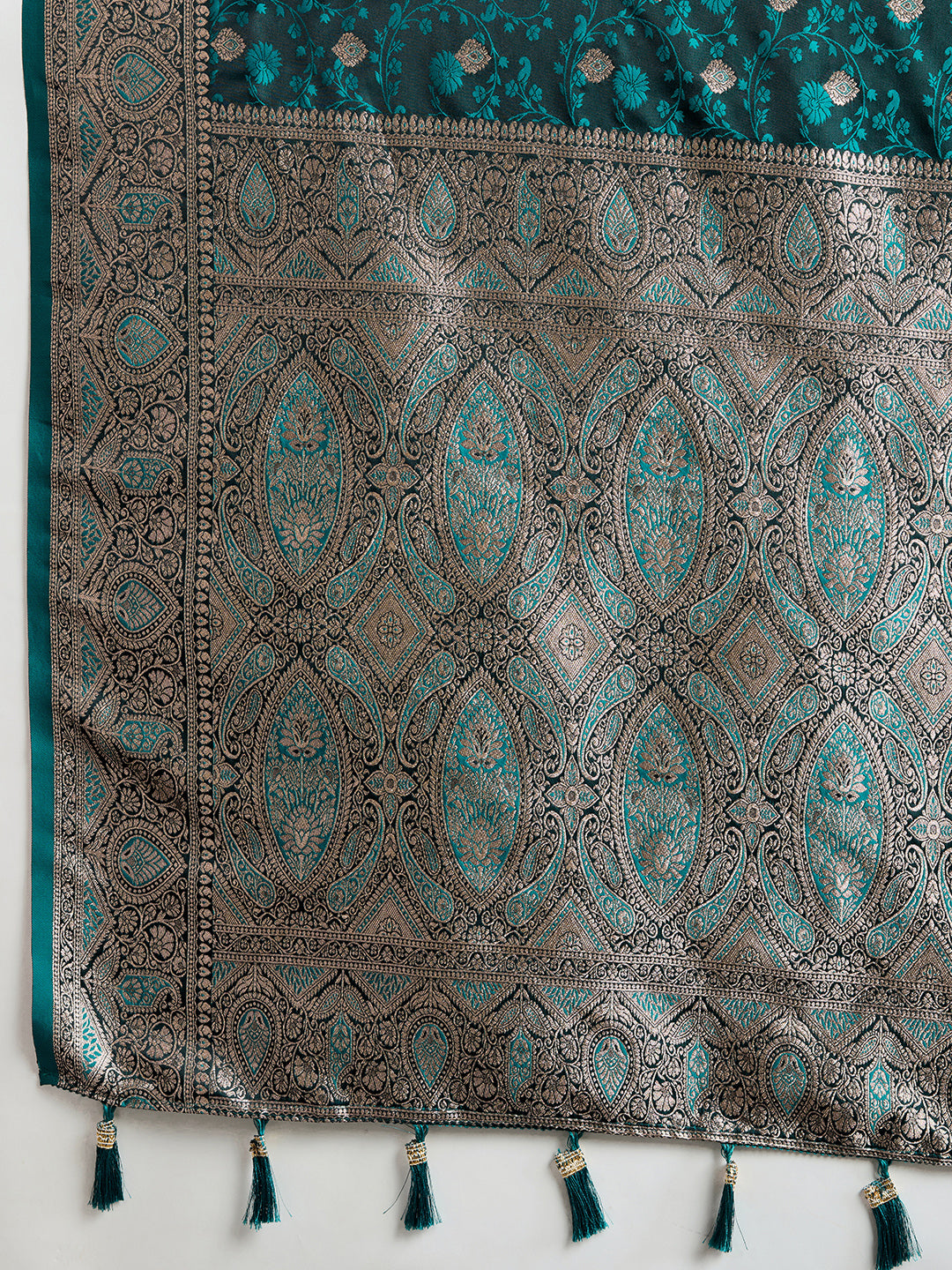 Soft Satin Silk Blue Saree with Rich Zari Motifs, Contrast Border & Elegant Blouse