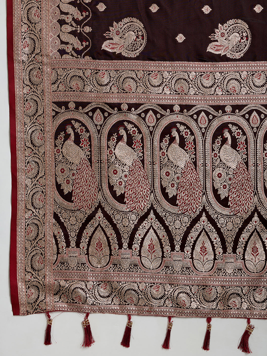 Soft Satin Silk Brown Saree with Rich Zari Motifs, Contrast Border & Elegant Blouse