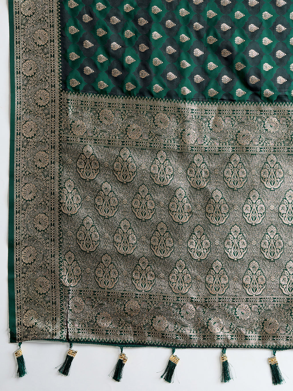 Soft Satin Silk Green Saree with Rich Zari Motifs, Contrast Border & Elegant Blouse